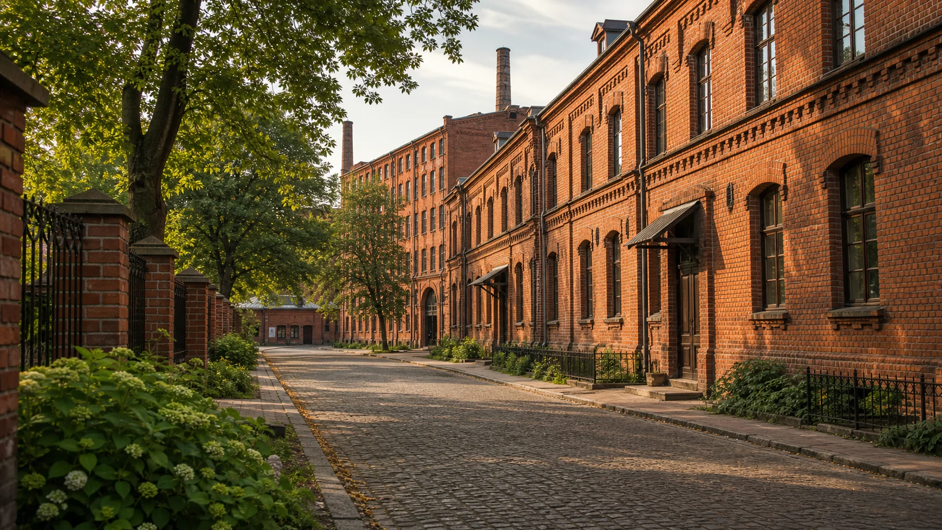 Czerwonoceglane zabudowania Księżego Młyna w Łodzi